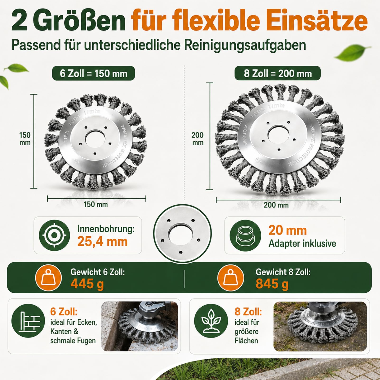 Unkrautbürste für Freischneider 2er Set, Drahtbürste für Motorsense 6 & 8 Zoll, Wildkraut- & Fugenbürste mit 25,4 mm Aufnahme & 20 mm Adapter für Pflaster & Einfahrt