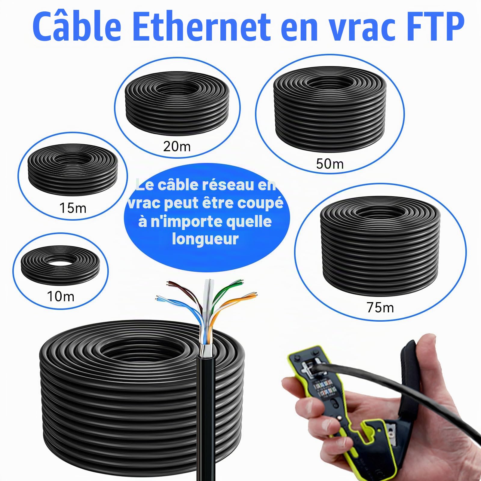 Cable Ethernet 150m,RJ45 Câble 150m Blindé Câble Réseau Exterieur Intérieur | AWG23 FTP CCA, Anti-Interférence, Lgnifuge, Exterieur Etanche, Haut Debi Gigabit CAT 6 | (Noir, 150 mètres)