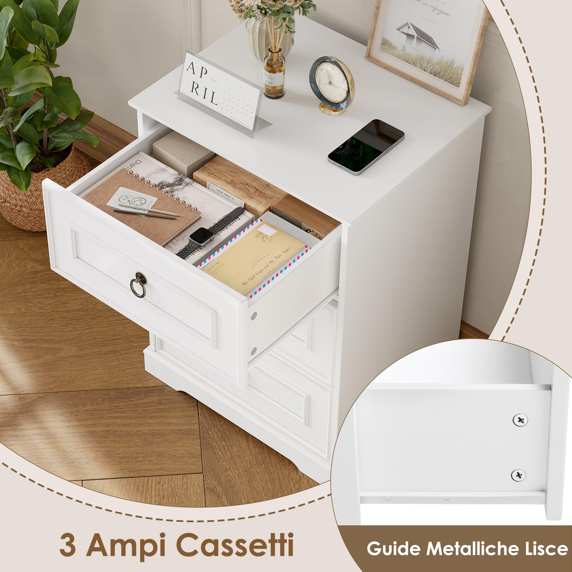 FOREHILL Comodino Camera da Letto con 3 Cassetti 45,5x38x64 cm Bianco | Tavolino da Notte a Maniglie ad anello dorate,Cassettiera Moderno Organizzatore da Letto,Tavolino Cameretta Divano Salotto
