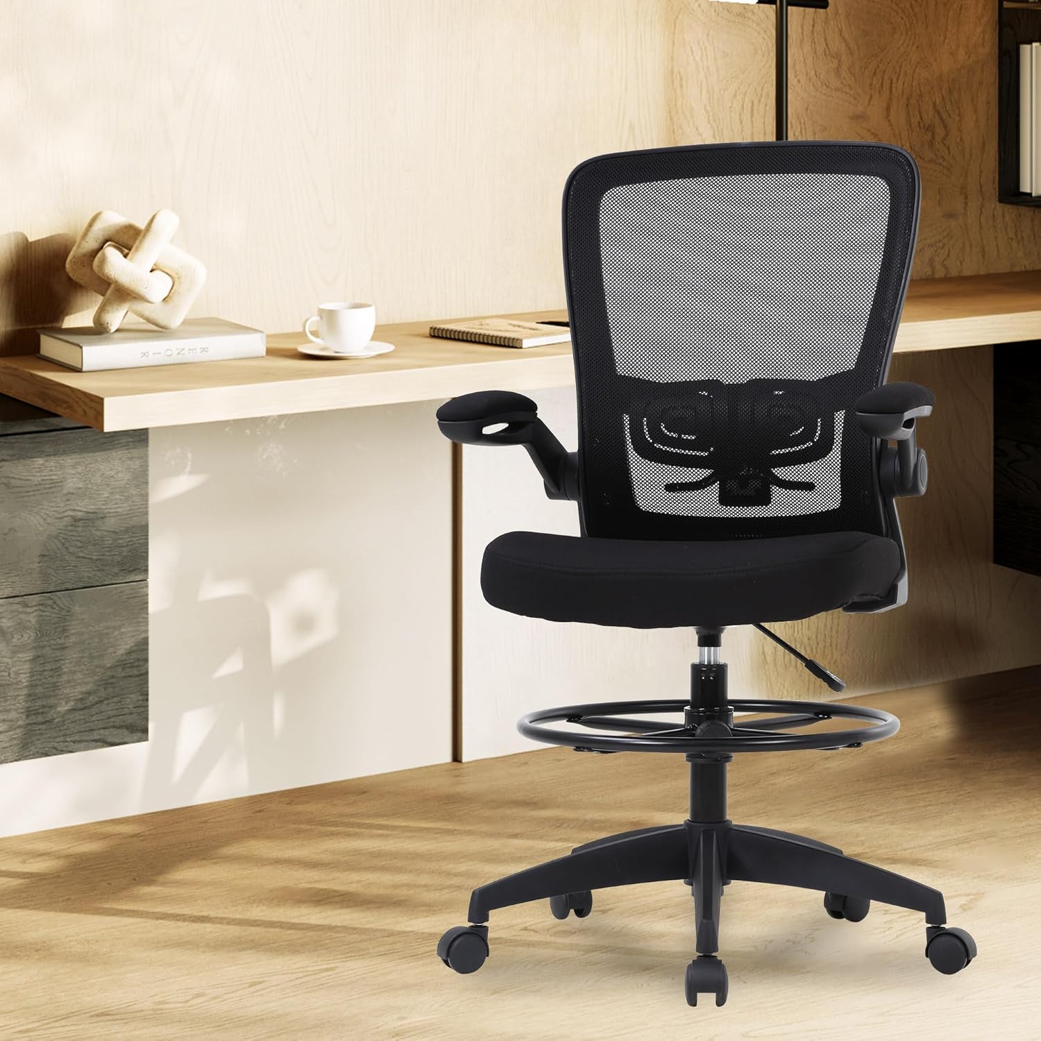 BestOffice Drafting Chair Tall Office Chair Adjustable Height with Lumbar Support Flip Up Arms Footrest Mid Back Task Mesh Desk Chair Computer Chair Drafting Stool for Standing Desk (B-Black) - Image 2
