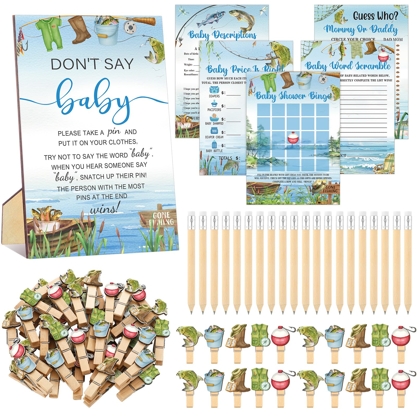 Photo 1 of Patelai 321 Pcs Fishing Don't Say Baby Shower Game Supplies for Boys Include 50 Activity Cards 1 Don't Say Baby Sign 50 Clothespins 20 Pencils for Price Is Right Prediction Bingo Game Party Decor