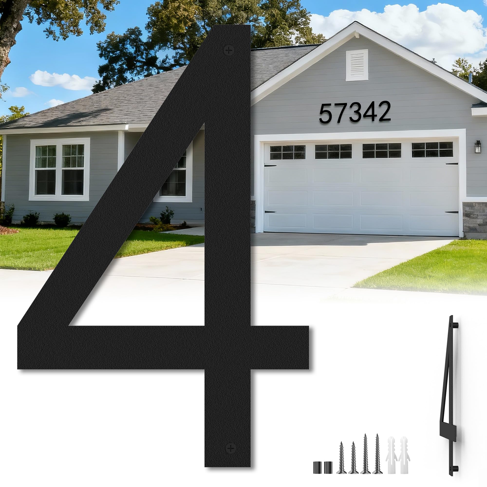 17 Inch Floating Large House Numbers for Outside, Big Modern Garage Door Number, Oversized Garden Address Numbers 4, Black Matte Metal Digital Sign for House, Hotels, Factories (Four)