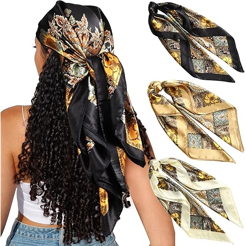 CHLINS 35" Satin Square Hair Scarf Bandanas 3Pcs Large Silk Head Scarves Lightweight Satin Hair Kerchief Sleeping Hair Wraps