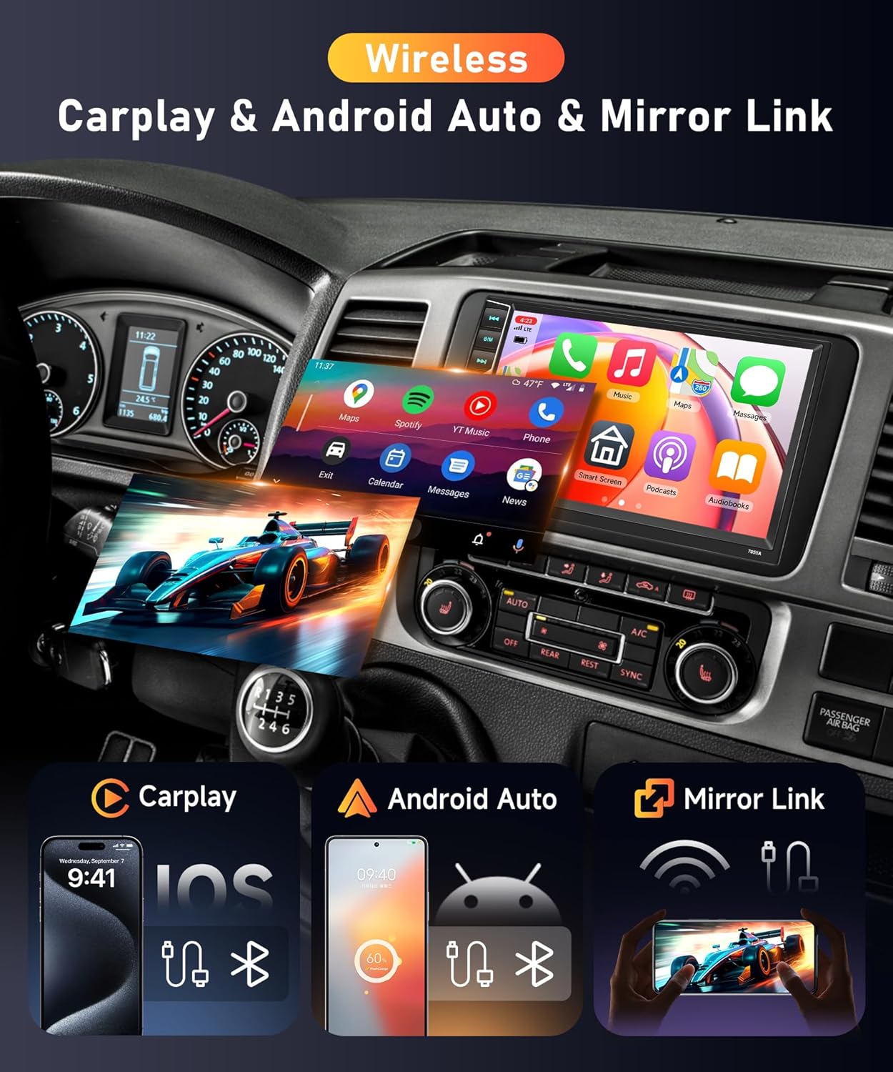 Image illustrating wireless CarPlay, Android Auto, and Mirror Link functionalities on the Hodozzy 7055A screen, showing smartphone interfaces integrated into the car radio display.