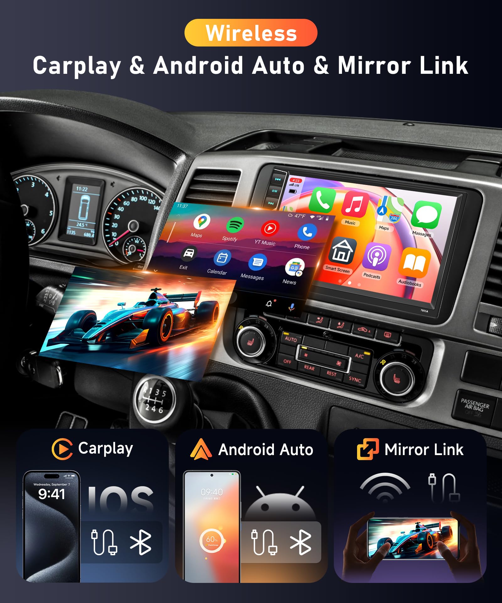 【8 Core 4+64G】2025 Hodozzy Stereo Auto Android 2 Din con Carplay Wireless con 2 USB USB-C, Schermo QLED da 7 Pollici, Autoradio Bluetooth con Android Auto/DSP/WiFi/RDS/FM + Telecamera Posteriore