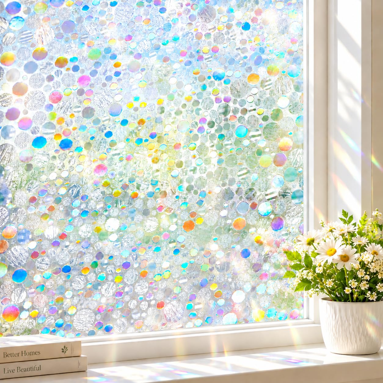 Coavas Stained Glass Window Privacy Film, Rainbow Circle, 17.5" x 118.1"
