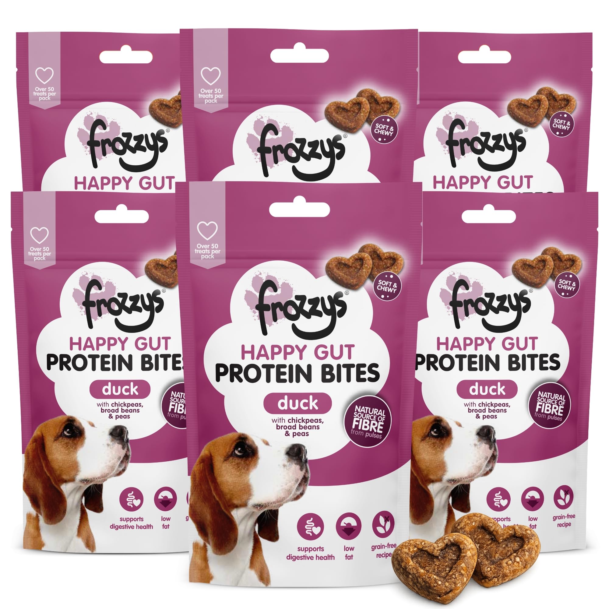 Frozzys Happy Gut Protein Bites | Duck Dog Treats | High Protein & Fibre Rich Functional Dog Snacks | Natural Ingredients | Supports Gut Health & Digestion | Everyday Training Treats | 6 x 100g