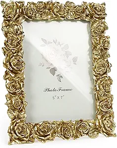 Vintage Gold 5x7 Picture Frame, Gold Ornate Rose Flower Resin Photo Frame with Glass Front for Tabletop, Antique Picture Frames Photo Gallery for Home Office Decor