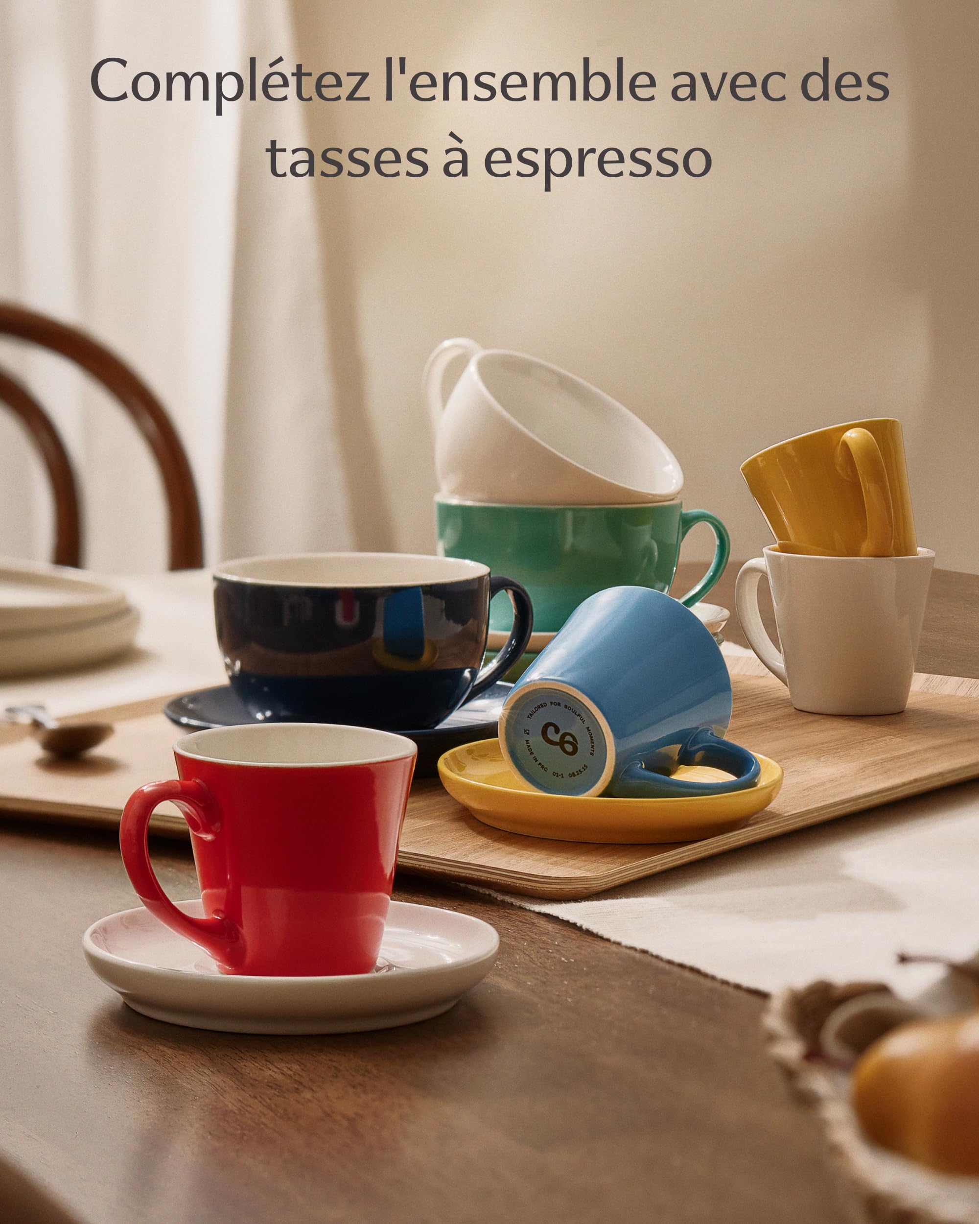 Cosumy Lot de 6 Tasses à Cappuccino Multicolore avec Soucoupes - 180ml Céramique Garde la Chaleur - Tasse à Cappuccino Empilables & Lave-vaisselle - Service à Café avec Anse - Service à Café - Coffret