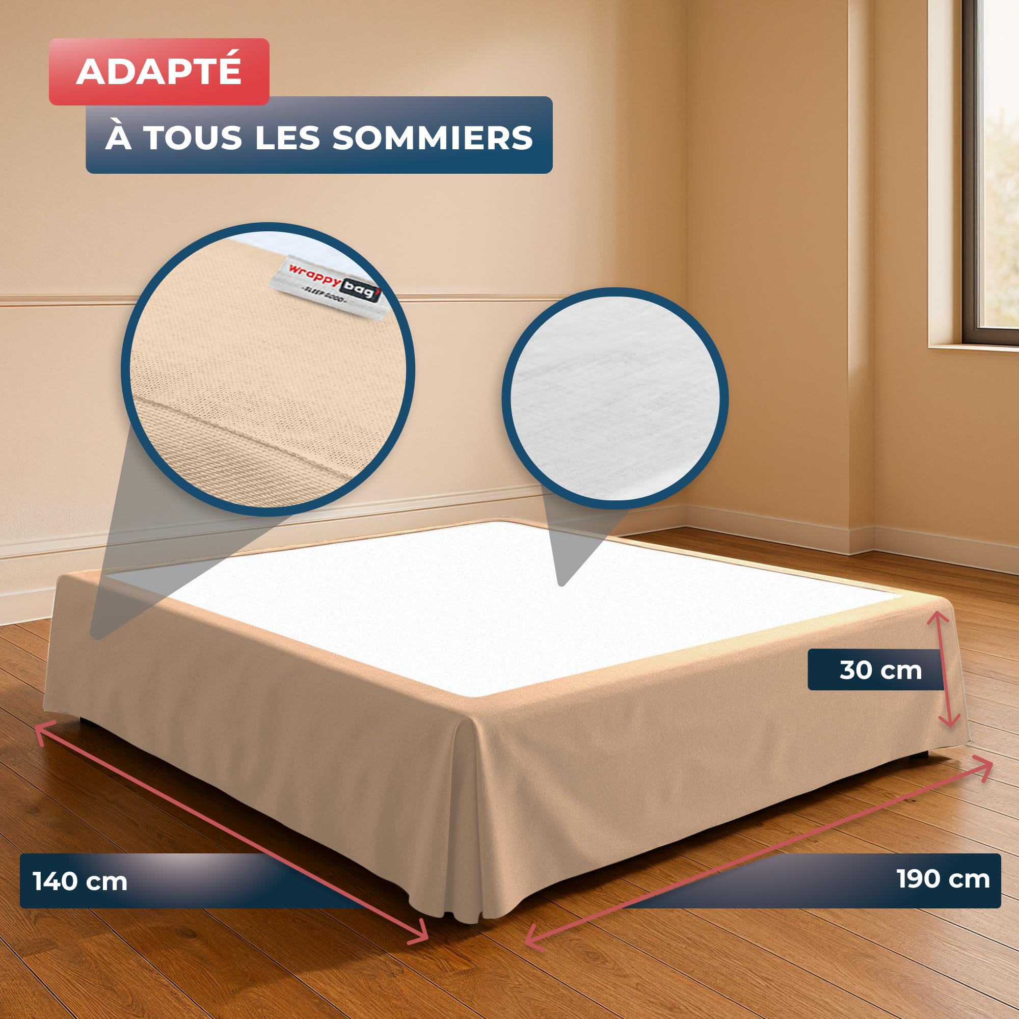 Wrappybag Jupe de Lit Cache Sommier 140 x 190 Longue Descente Jusqu’au Sol – Rénove et Protège sommier – Couleur Beige – 6 Tailles Disponibles
