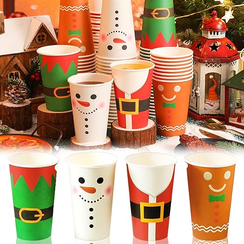Miniatura 7 de Gerrii 60 vasos desechables de Navidad de 16 onzas, vasos de papel de Navidad desechables para bebidas frías y calientes, tazas de pan de jengibre