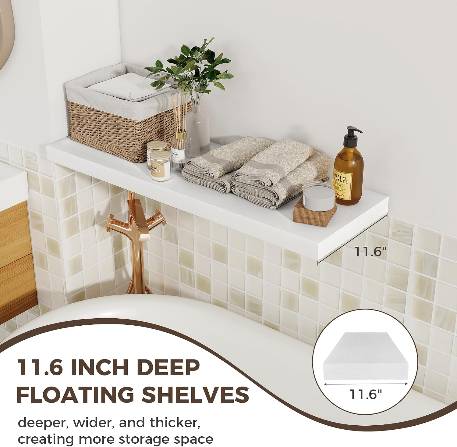 Fun Memories Deep Floating Shelves, 36" W x 12" D Wood Floating Shelves for Wall, 3 Pack Extra Deeper & Thicker Wall Mounted Storage Shelf for Living Room Laundry Room Kitchen Home Office, White