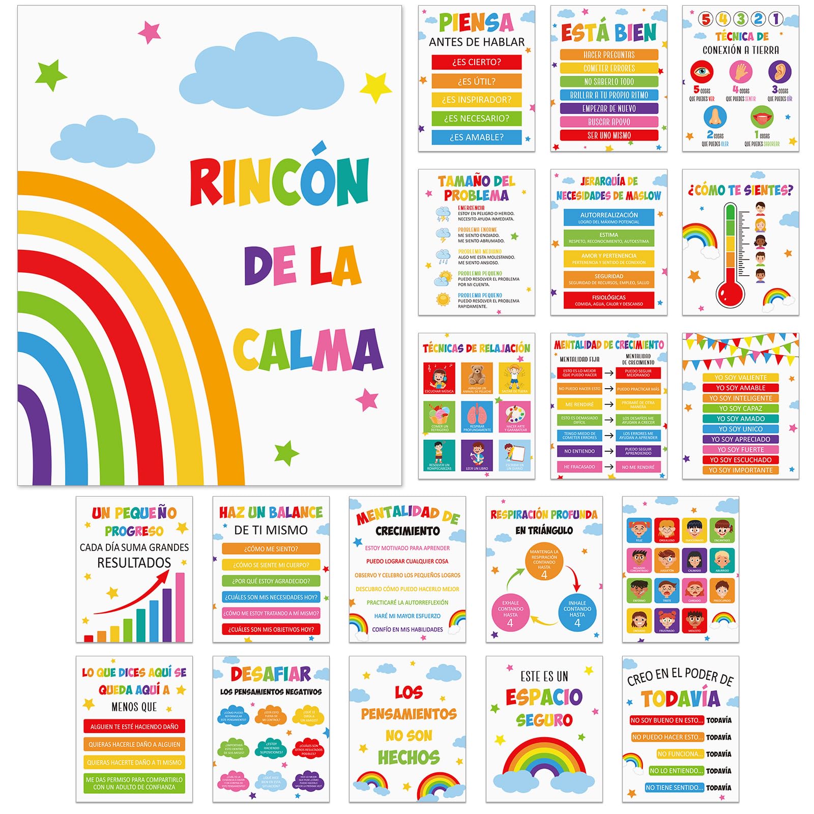 Janlaugh 20 Pcs Colorful Spanish Calming Corner Classroom Posters Mental Health Posters Therapy Office Feelings Chart Home Preschool Elementary Classroom Educational Decorations for Teachers Kids