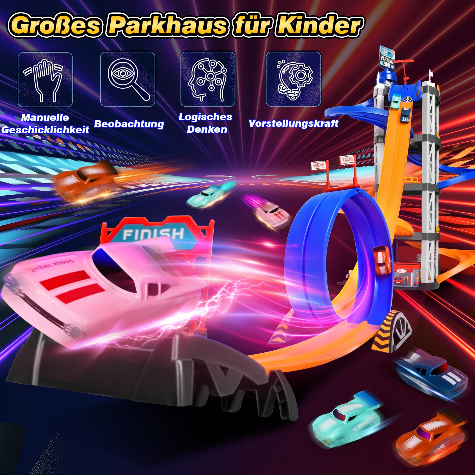 Charmofun 5-Stöckiges Parkhaus Für Kinder, Auto Parkgarage Kinder Mit 8 Rennautos, Spiral, Extralange Rutschen, Aufzug, Licht Und Ton, Groß Spielzeug Parkhaus ab 3 Jahre I MaßE: 58 X 37,5 X 10 cm