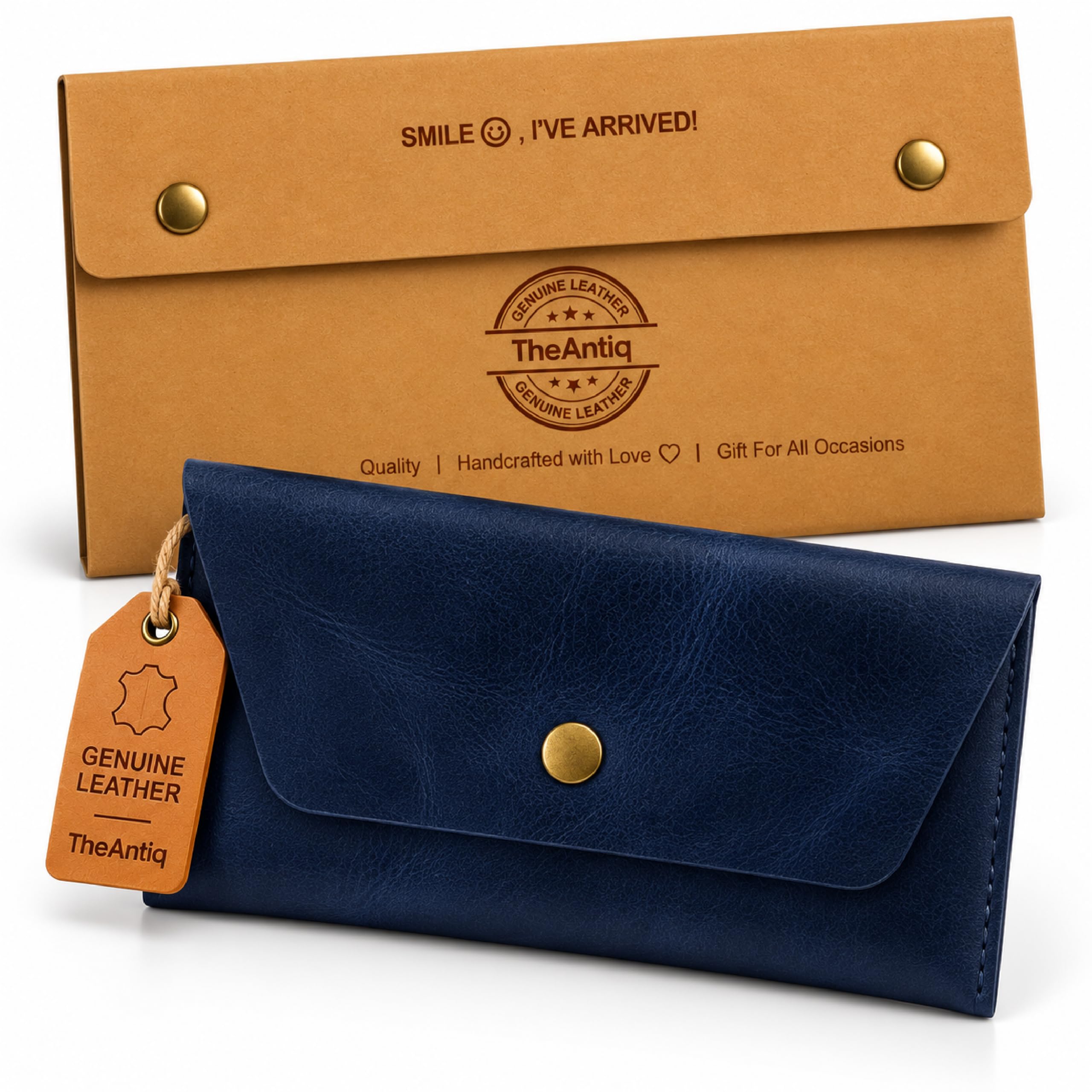 Leather Currency Pouch Cash Envelope Wallet for Men &amp; Women- Blue