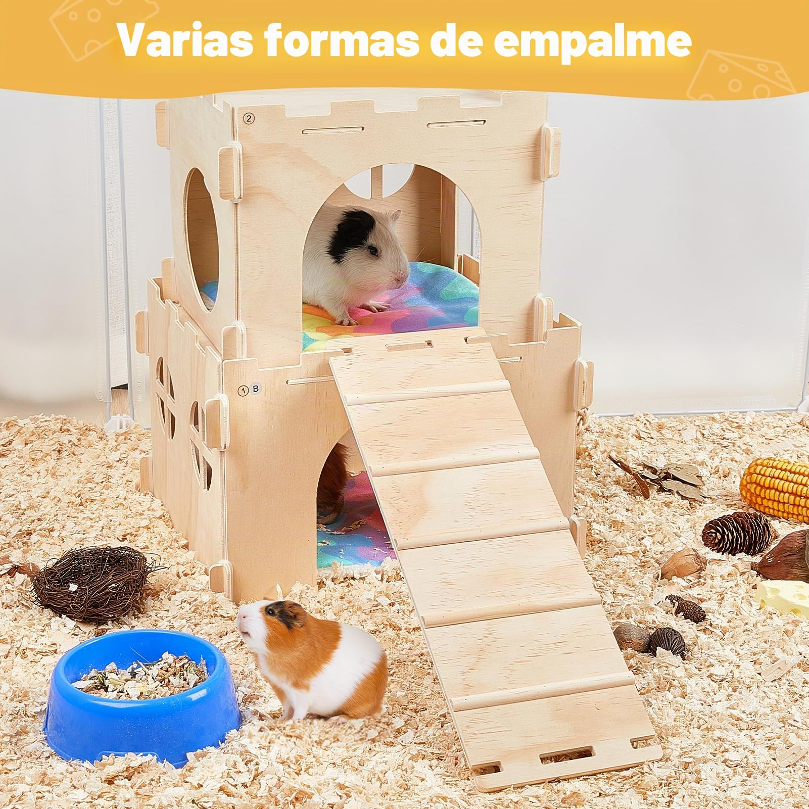 Casita de Madera para Cobayas, Casa Refugio para Pequeños Animales con Rampa y Varias Puertas