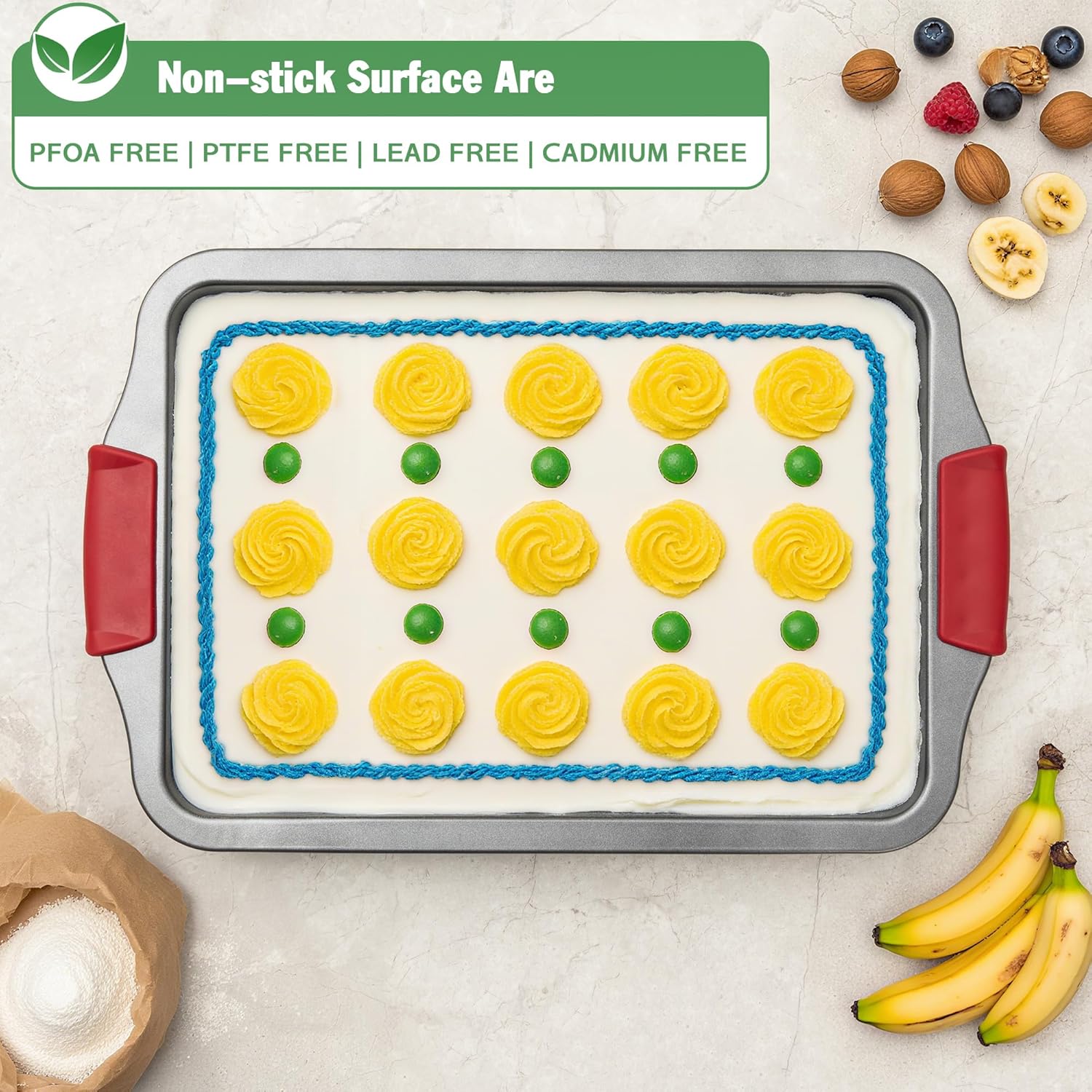 Tiawudi 13" x 9" Cake Pan, 0.8mm Thick Heavy Duty Baking Dish with Diamond Texture Pattern for Even Heating, Nonstick Baking Pan for Bread, Brownie or Lasagna, Cake Mold with Silicone Grip Handles - Image 3