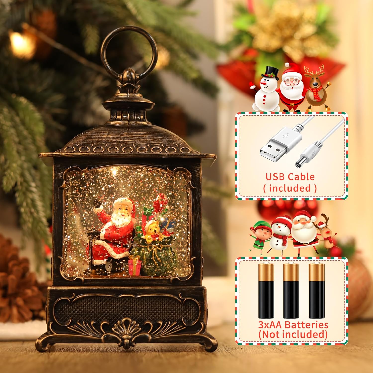 Christmas Snow Globe Lantern Santa Claus Decorations, Music Glitter Lanterns with 6h Timer, 3 AA Battery Operated & USB Powered, Santa Claus Snow Globe Lantern for Christmas Home Decoration and Gift - Image 3
