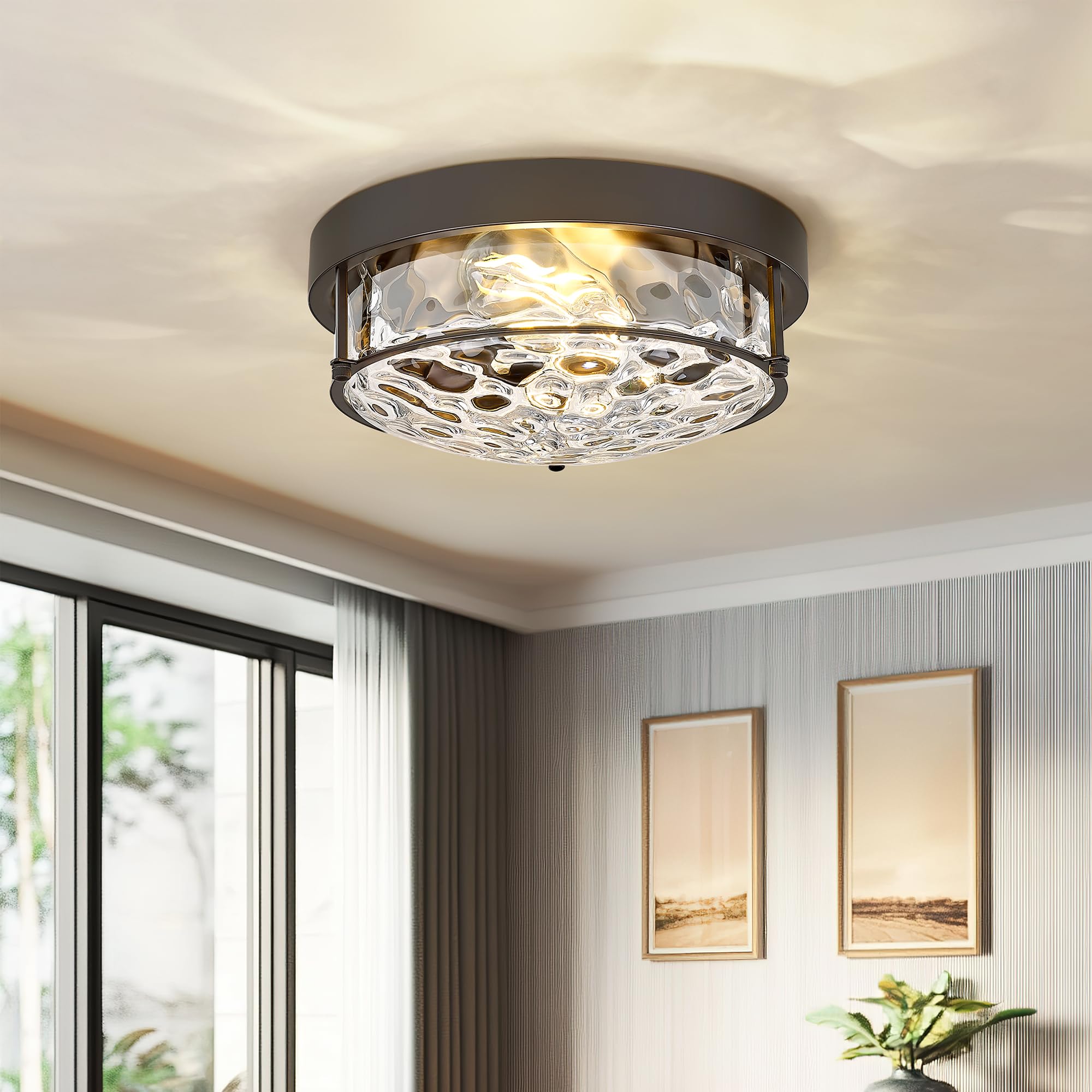 12 Inch Flush Mount Ceiling Light,Hammered Glass,Oil Rubbed Bronze