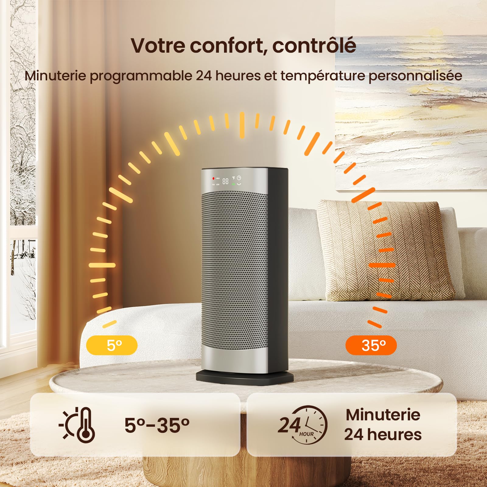 Heizlüfter Energiesparend, 1500W Heizung Elektrisch mit Thermostat, 70° Oszillierend Elektroheizung, PTC Keramik Heizlüfter Leise, ECO-Modus, 24-Std-Timer, Überhitzungs- & Kippschutz, 41 CM