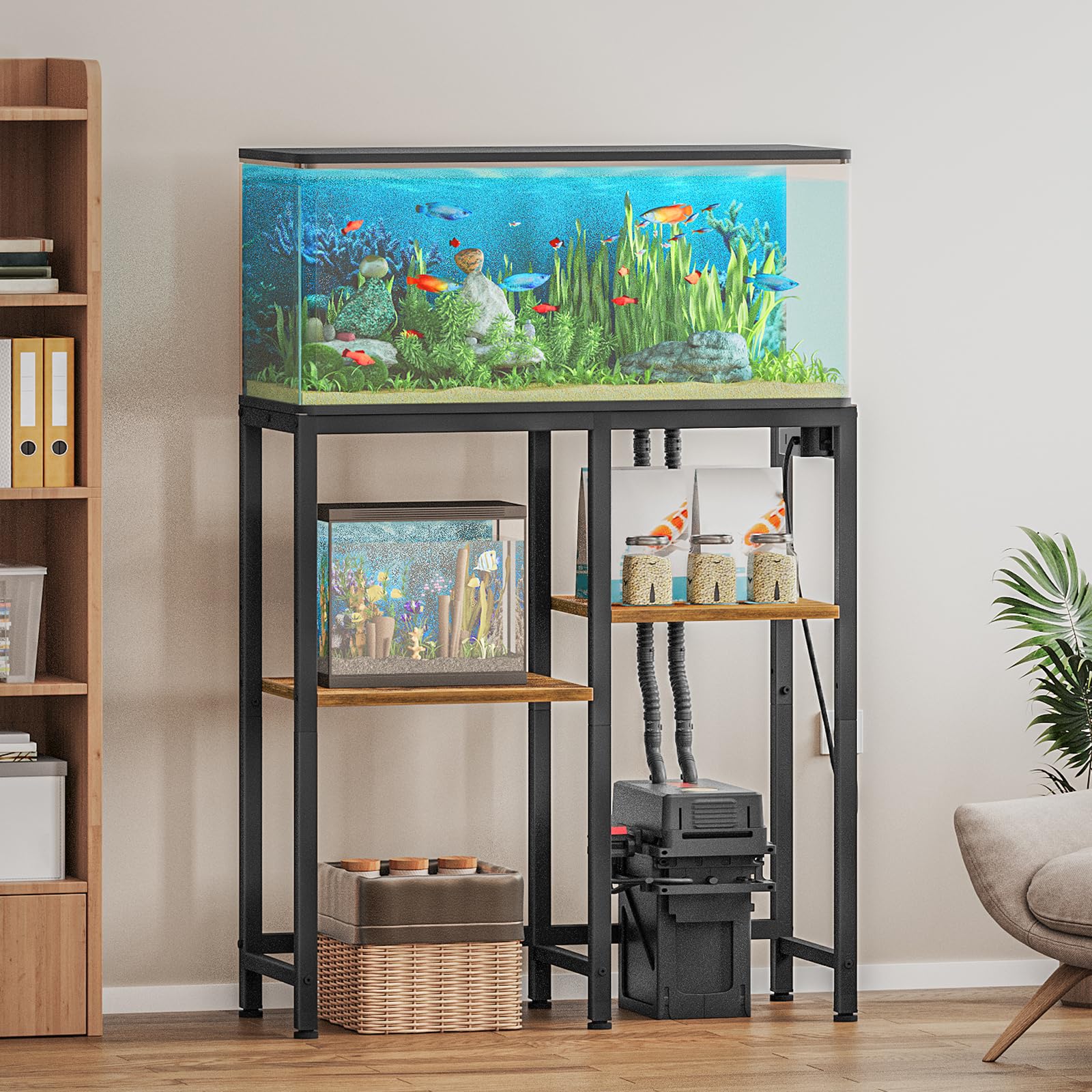 YATINEY FT01UBR Support d'aquarium avec prise de courant, support de rangement pour aquarium, support de terrarium robuste pour salon, bureau à domicile, noir et marron rustique