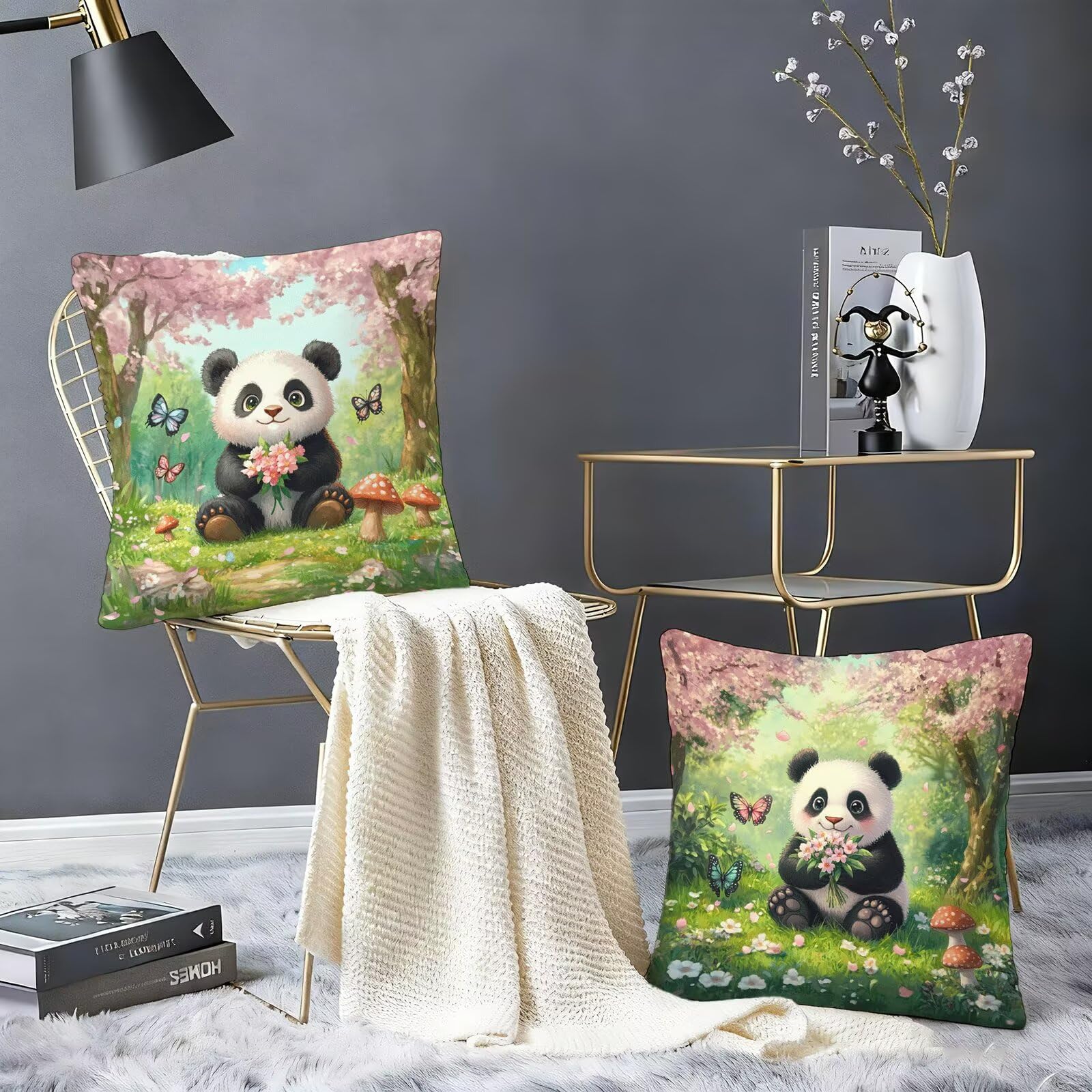 Panda poszewki na poduszki 80 x 80 cm, zestaw 2 szt., poduszki ze zwierzętami, z ukrytym zamkiem błyskawicznym, wygodne, miękkie, kwadratowe, lniane poszewki na poduszki, dekoracyjne na sofę, do
