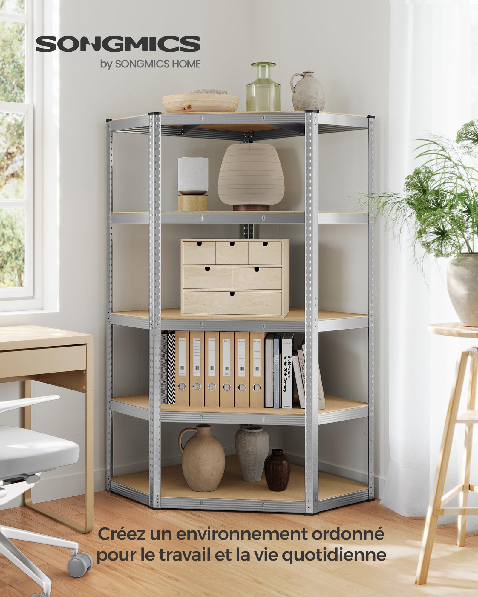 SONGMICS Étagères d’Angle à 5 Niveaux, Étagères de Rangement en Acier, Charge Lourde, Garage, Entrepôt, Capacité de Charge 875 kg, Argent et Beige Naturel GLR080E01