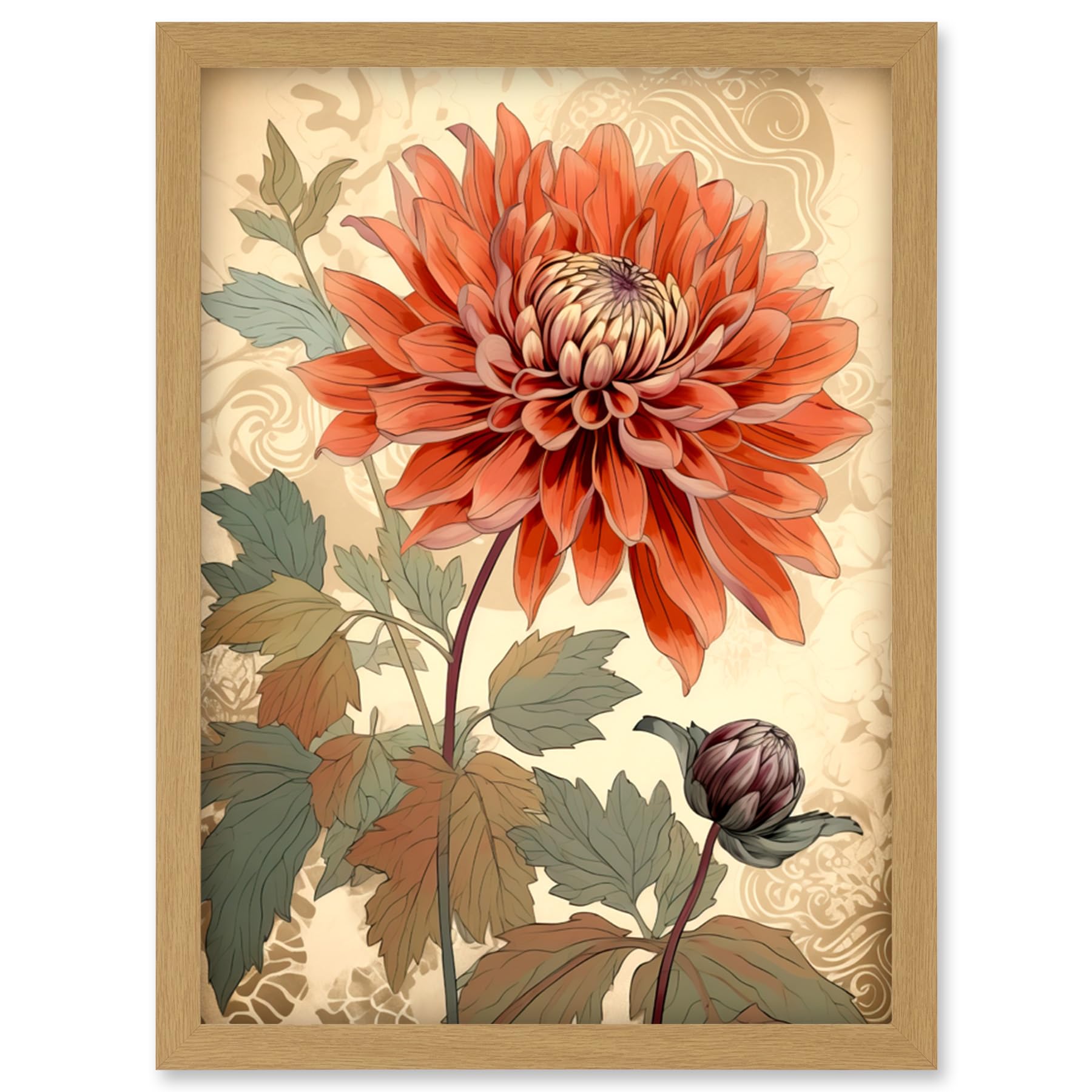 Artery8 Pastel Colour Orange Dahlia Flower with Patterns Artwork Framed Wall Art Print A4