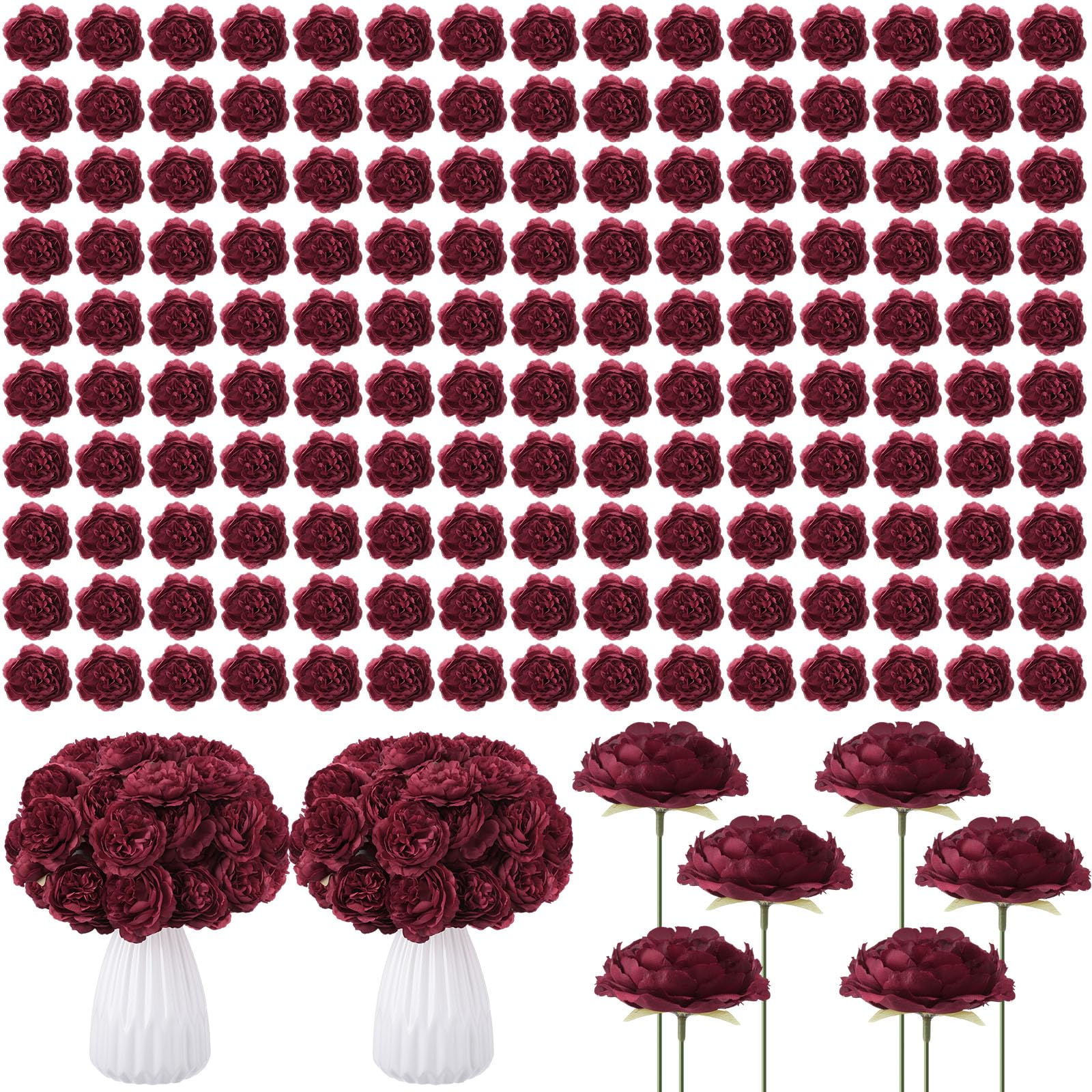 400 Pcs Flowers Long Stem Artificial Rose Bulk, 3.2 Inches Silk Rose Head Flowers Fake for Wedding Bridal Bouquet Independence Day Home Floral DIY Centerpieces Party Decoration (Burgundy)