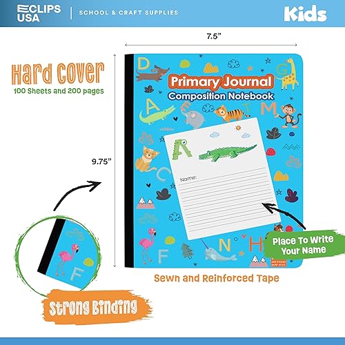 Miniatura 3 de Cuadernos de composición, cuaderno de composición de diario primario, ABC y estampado animal, 100 hojas, 200 páginas, 9.75 x 7.5 (paquete de 2,