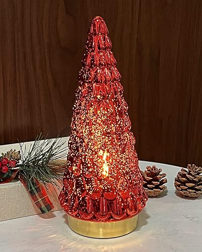 Miniatura 10 de Árbol de Navidad de cristal de mercurio verde, 3 piezas, árbol de Navidad de mesa con luz, funciona con pilas, mini árbol de Navidad para decoración