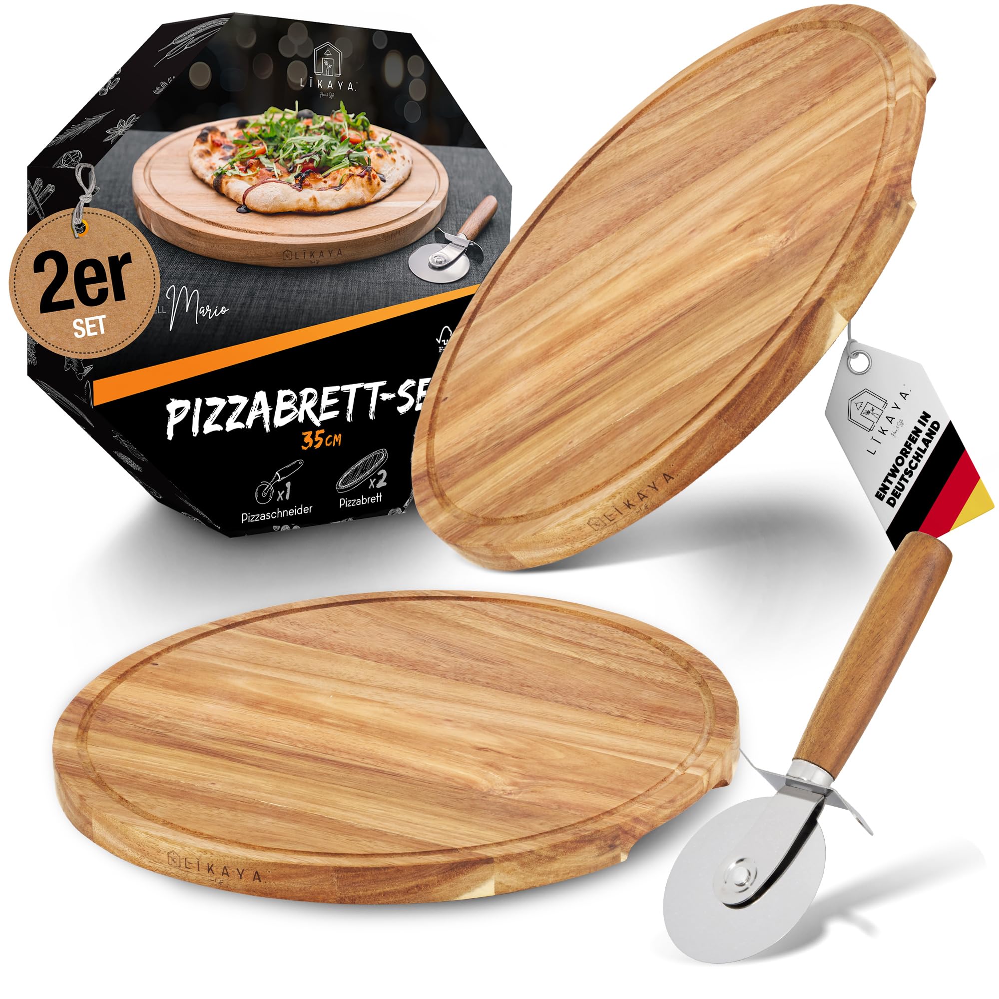 Planche Pizza Bois LIKAYA® Planche à Pizza/assiette à Pizza 'MARIO' Set De 2 Rondes Avec Planche De Service