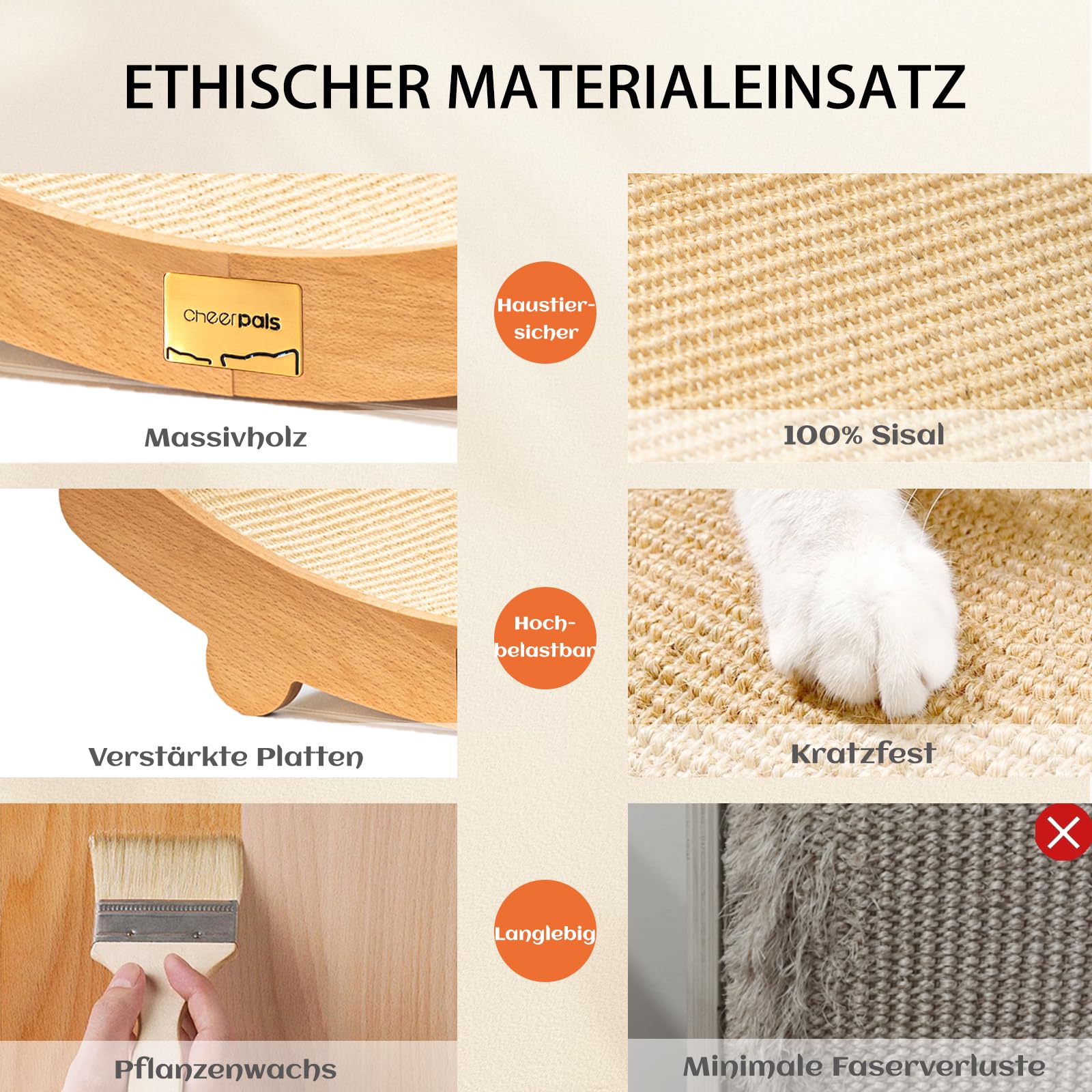 CheerPals Sisal Kratzbrett Katzen - 160° Gebogenes Design, Massives Buchenholz & Natürliche Sisal Pad Katze Kratzmatte, Extra Große 60x35x15cm Kratzmöbel für alle Katzen