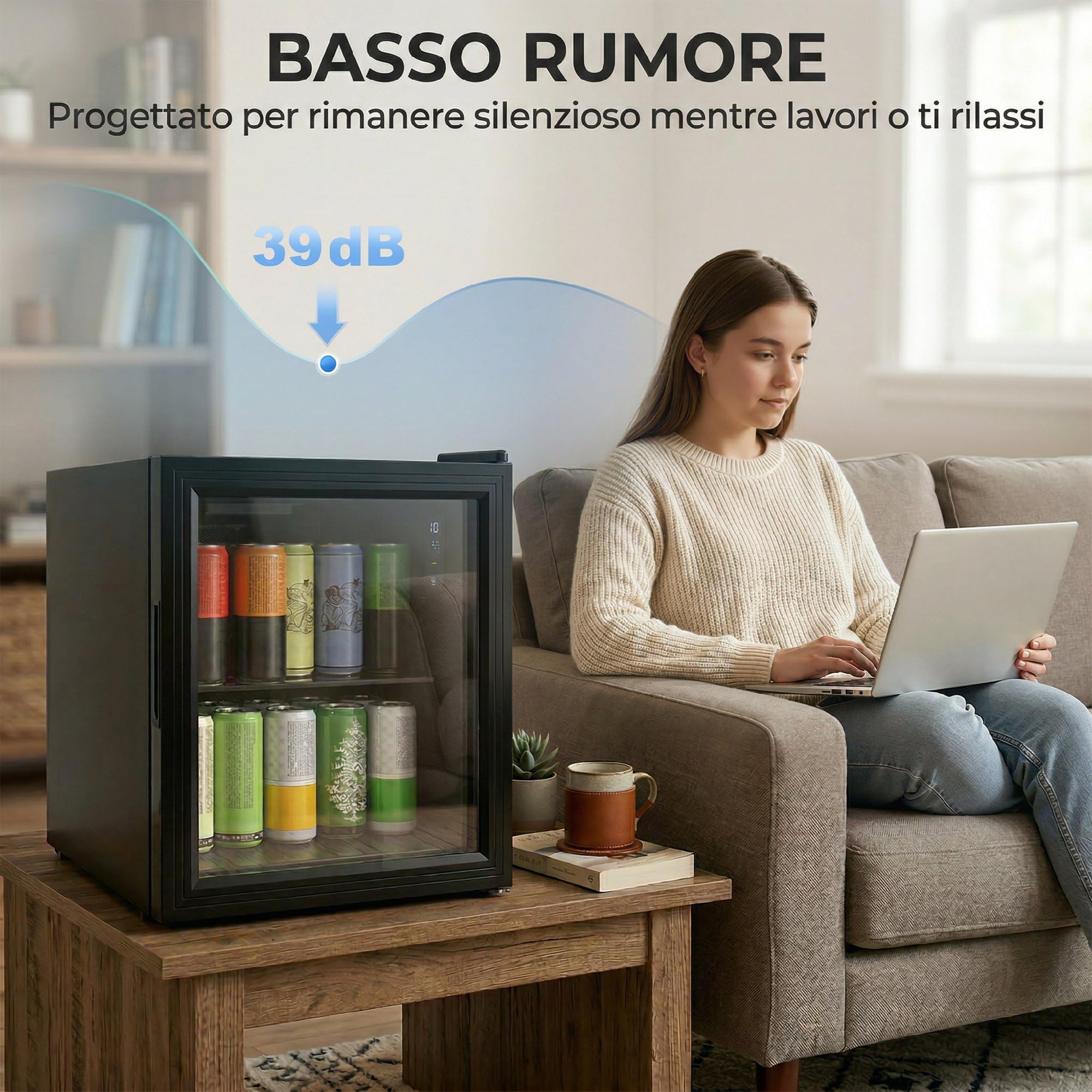 HOMCOM Mini Frigo per Bevande 46L 59 Lattine, Frigorifero Piccolo da Tavolo e Camera Silenzioso, 0-20℃, Porta in Vetro, Ripiano, Display Touch, Classe D, Luci LED, per Birra, Cucina, Ufficio, Nero