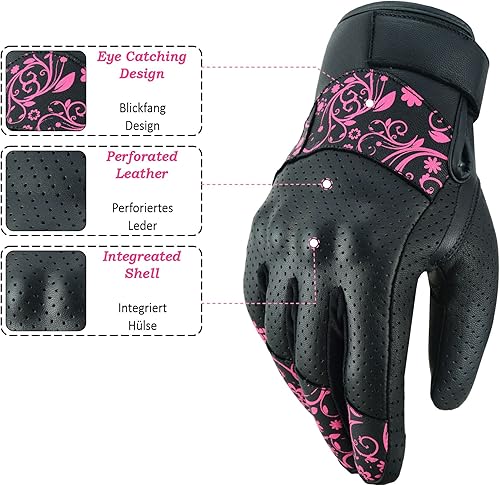 Miniatura 2 de JAUNTY - Guantes de motocicleta para mujer, de cuero, con pantalla táctil, para damas con nudillos duros, perforados, transpirables, para