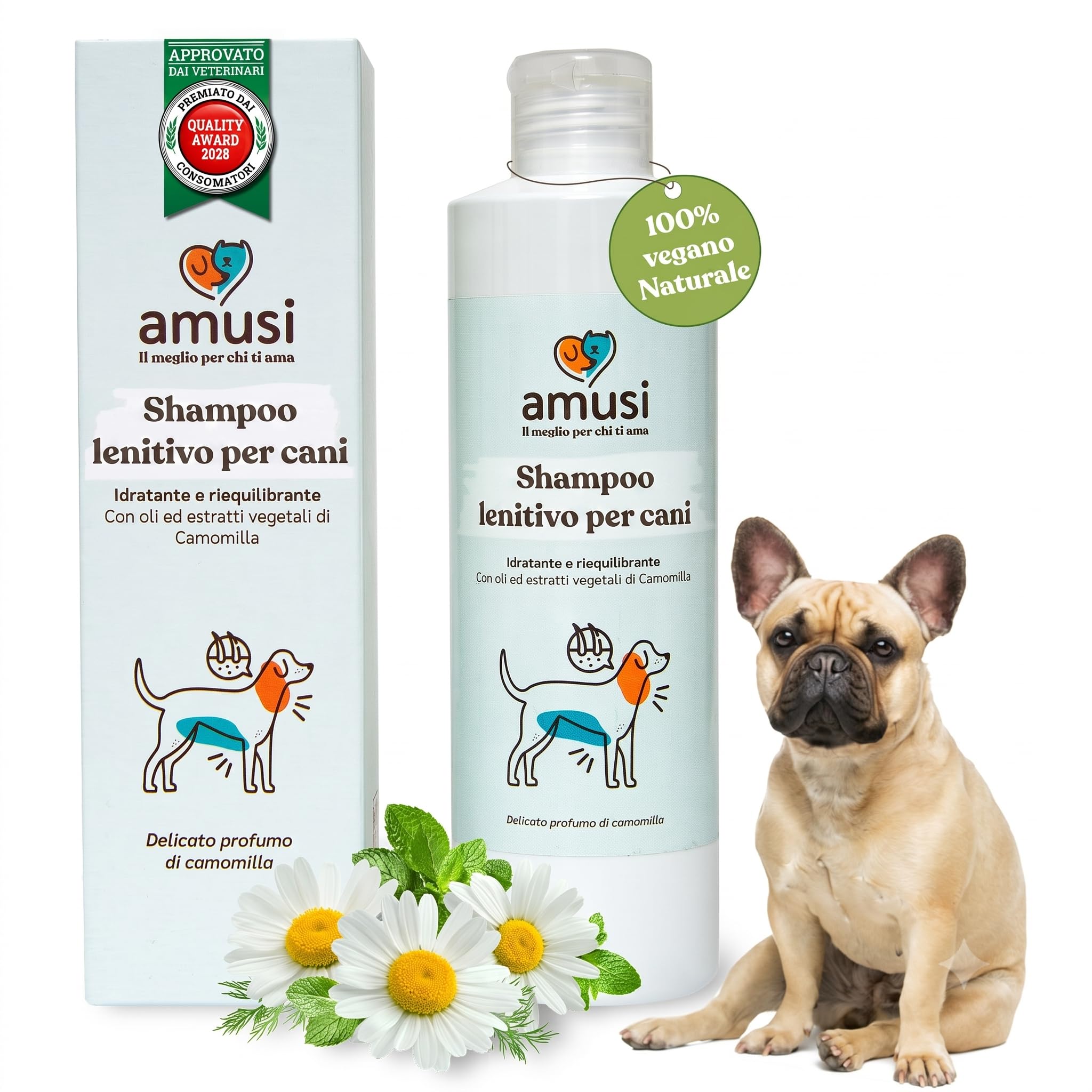 amusi Shampoo per Cani con Dermatite 250ml - Made in Italy, Shampoo Cane Antiprurito, Effetto Calmante per Cute Sensibile - Cane Dermatite Ideale per Tutti i Tipi di Pelo e Cute Irritata