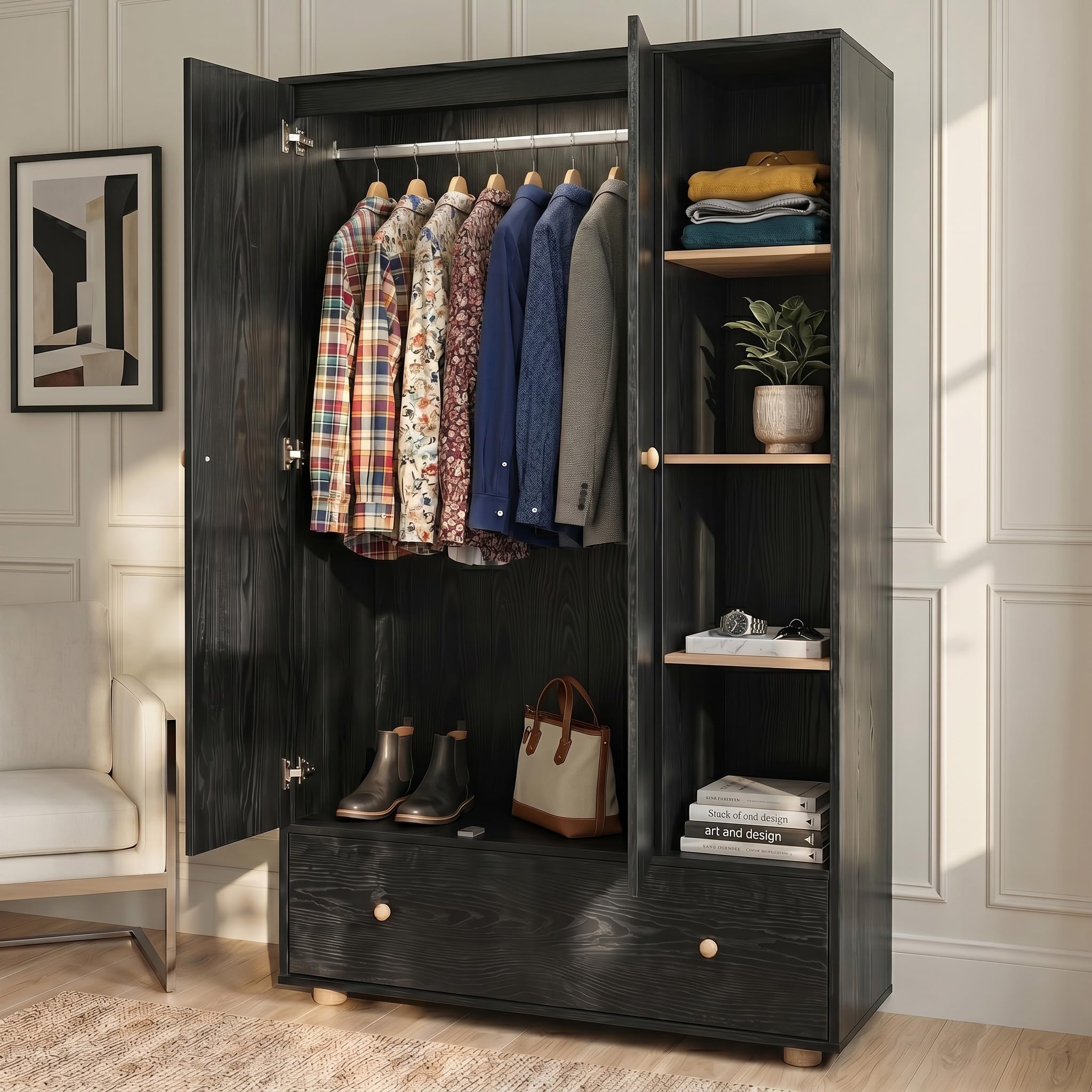 Blisswood Wardrobe for Bedroom, 2 Door Black Oak Wooden Wardrobe with Hanging Rail & Large Drawer, 4 Open Shelves with Adjustable Storage, Freestanding Clothes Storage Cupboard for Bedroom Furniture