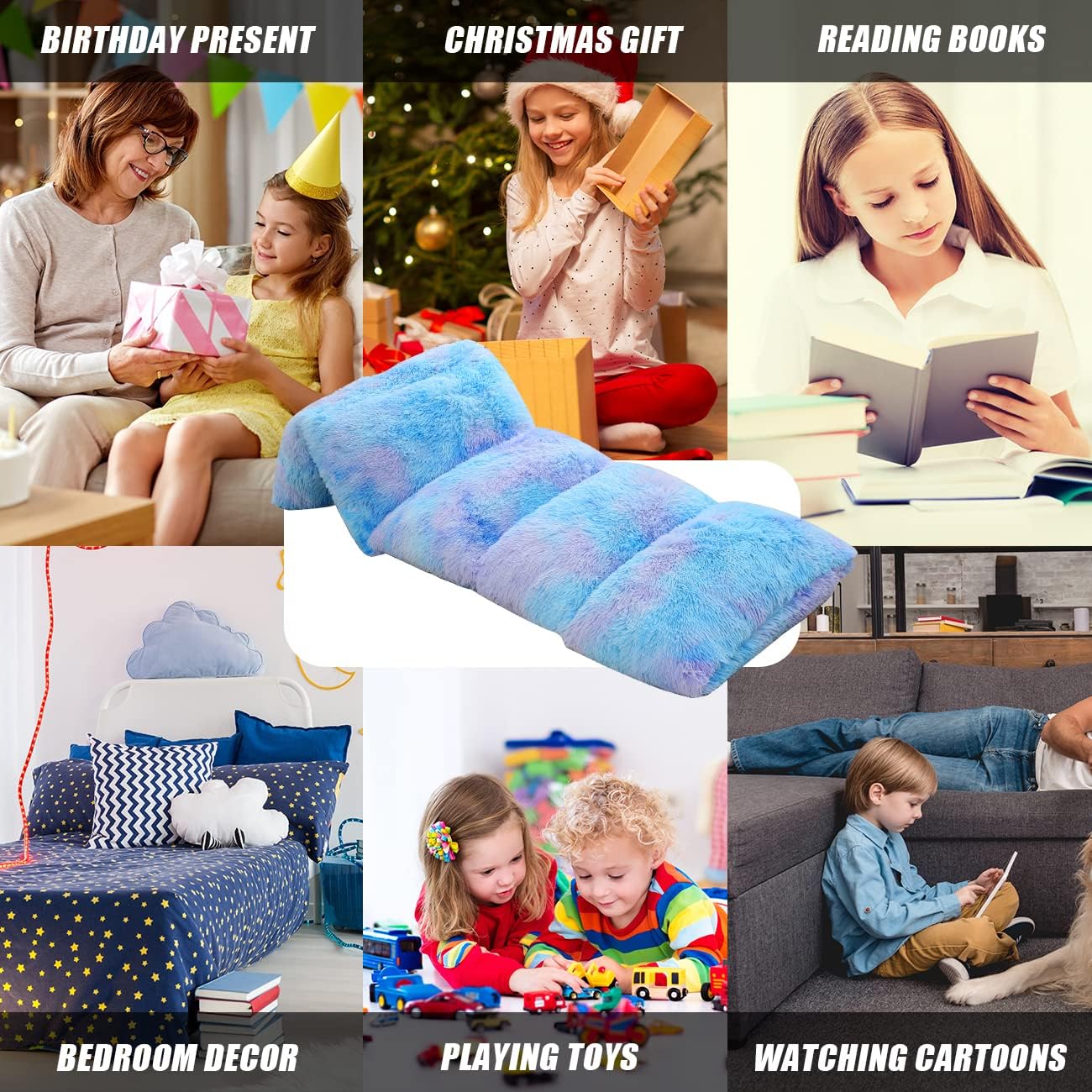 Mengersi Velvet Floor Pillows,Faux Fur Tie Dye Pillow Bed Floor Lounger Cover,Sleeping Mat for Kids Teen Toddler,Pillow Lounger for Reading Playing Games Party,Requires 5 Pillows(King,Blue)