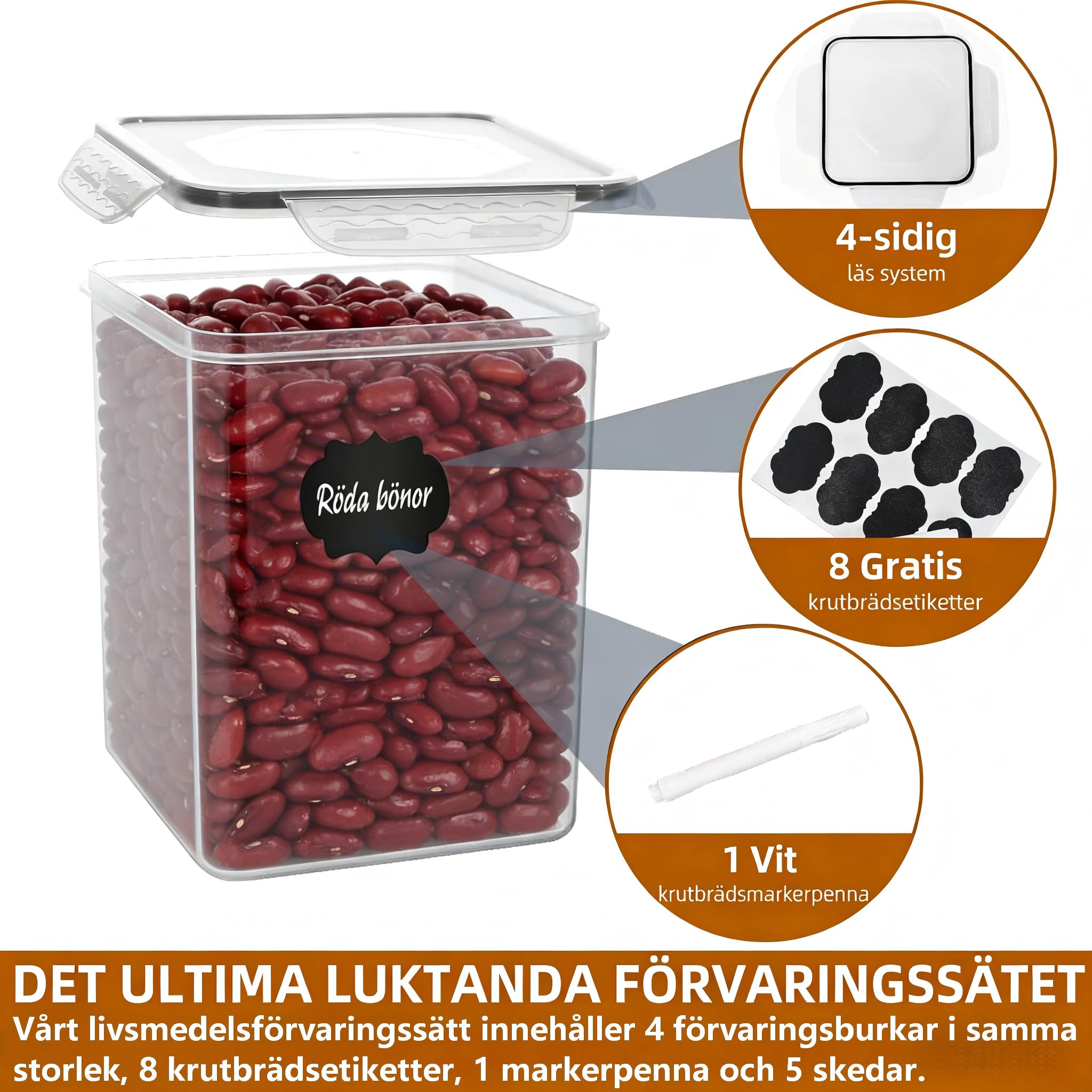 4 pezzi 5,2L / 175 oz Grande contenitore per alimenti, barattoli sigillati in plastica senza BPA per farina, zucchero, prodotti da forno, riso con coperchi, misurini ed etichette