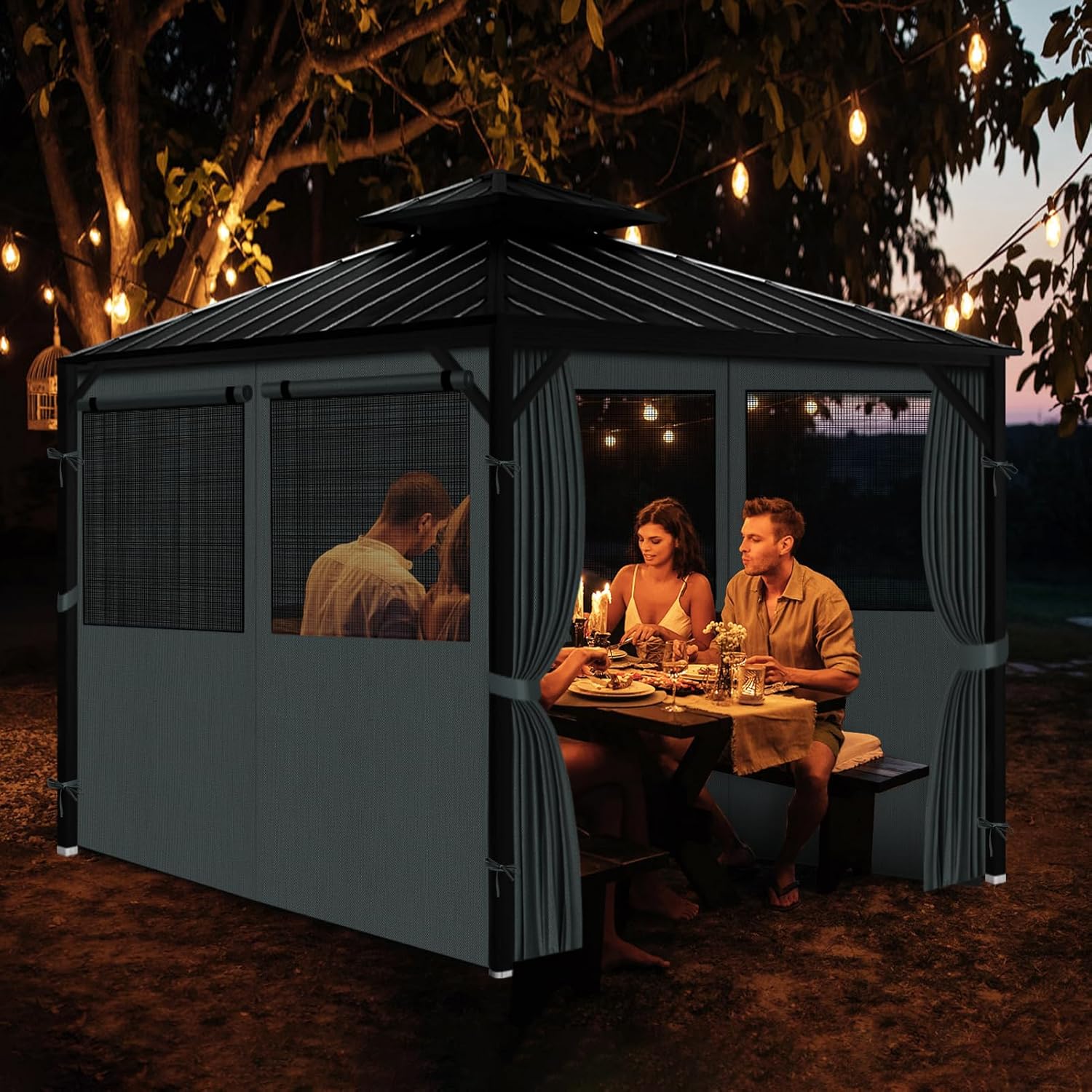 Gazebo Privacy Curtain 10'x12', Replacement Curtains with Mosquito Net Windows, 4-Panels Side Wall, Zippers, Waterproof Outdoor Curtains for Patio, Canopy, Garden and Backyard, Gray (Curtain Only)