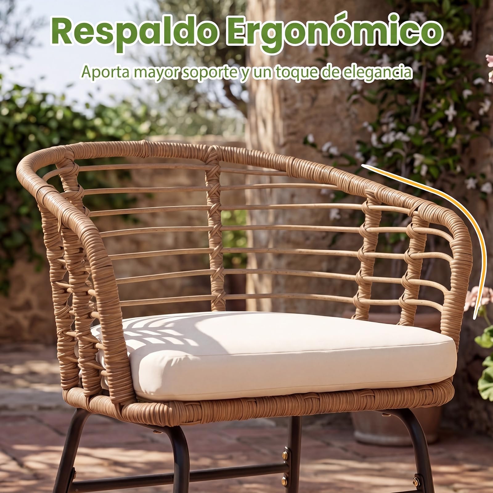 COSTWAY Conjunto Jardín Exterior, Conjunto de Mesa y Sillas Exterior de Ratán PE con Cojines Suaves, Estructura de Metal y Tablero de Vidrio Templado, Muebles de Jardín para Patio, Terraza