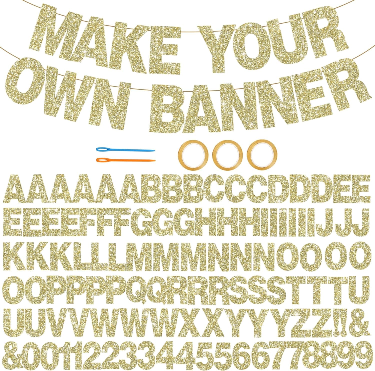 DecoGlee 116 PCS A-Z Glitter Champagne Gold DIY Letter Banner Kit Make Your Own Banner，Including 111 Letters and Numbers 3 Rope and 2 Threading Device,for Birthday Graduation Wedding Halloween Party