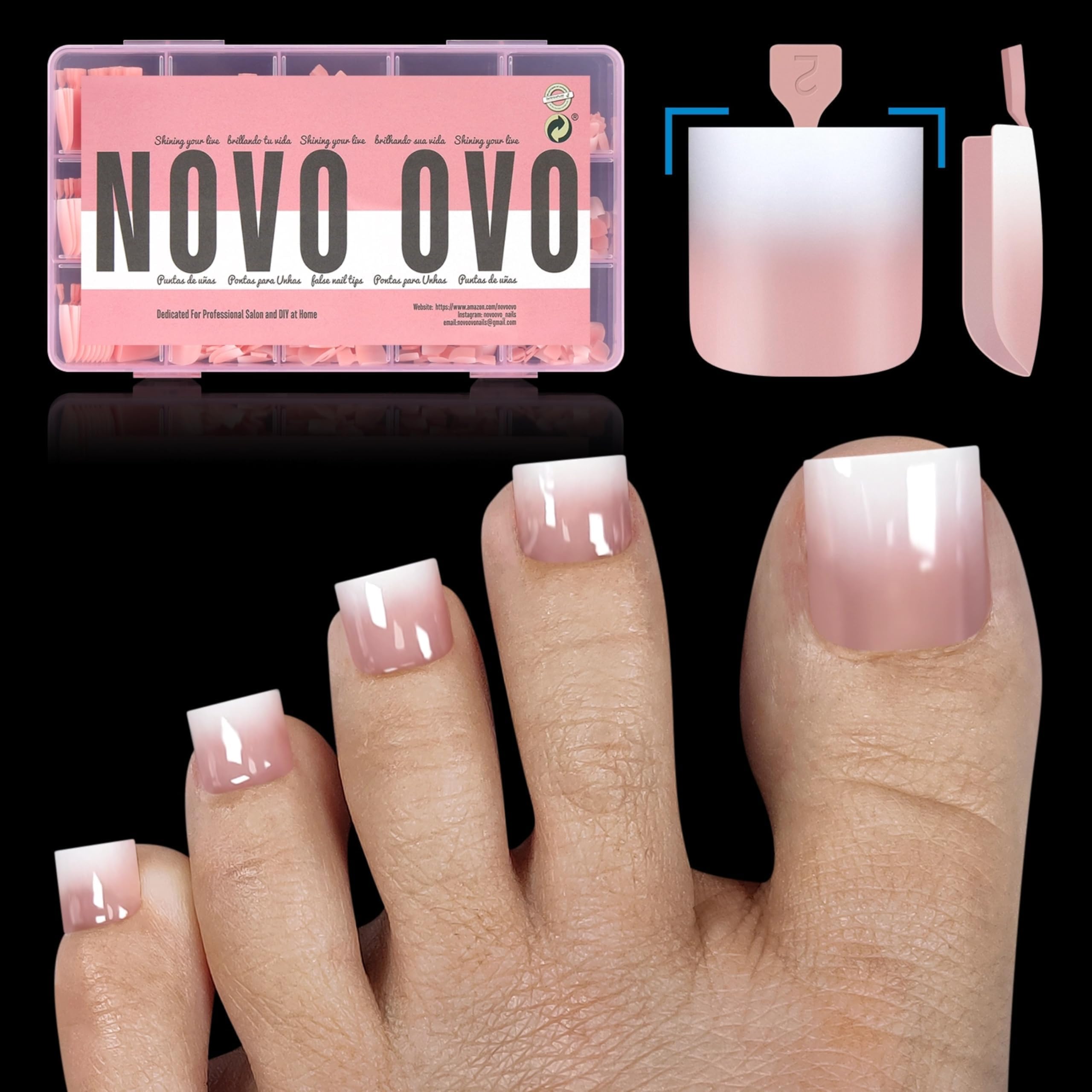 NOVO OVO Ombre French Tip Press on Toe Nail Tips, Sharp Square Pre-Designed Soft Gel False Toenail Extension, BABY PINK Pre-applied Tip Primer & Base