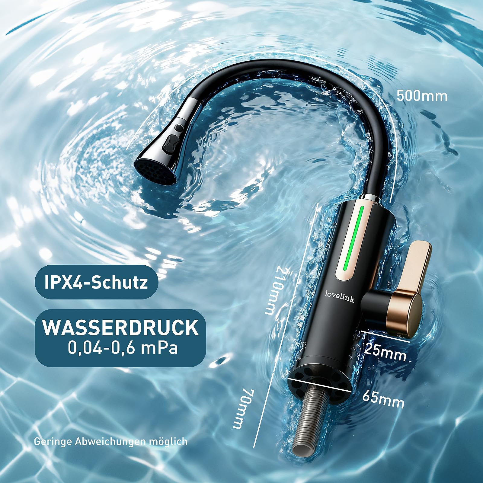 Lovelink Wasserhahn mit Durchlauferhitzer Farbadaptiv LED Temperaturanzeige 360° Flexibler Schlauch Elektrischer Durchlauferhitzer Wasserhahn für Küche/Bad/Balkon (Schwarz)