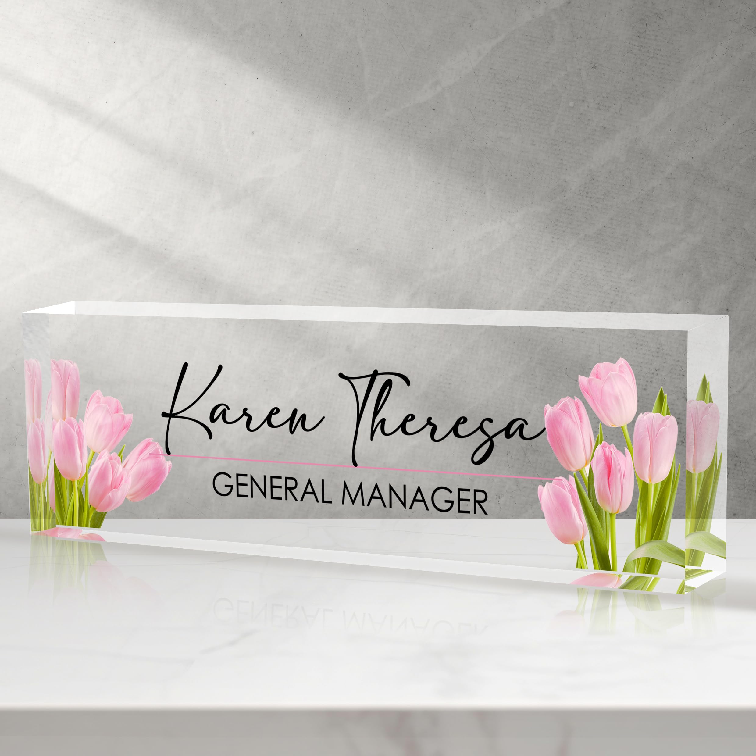 Custom Office Name Plate, Personalized Gifts for Women &amp; Employees, Office Desk Accessory (Pink Tulip)