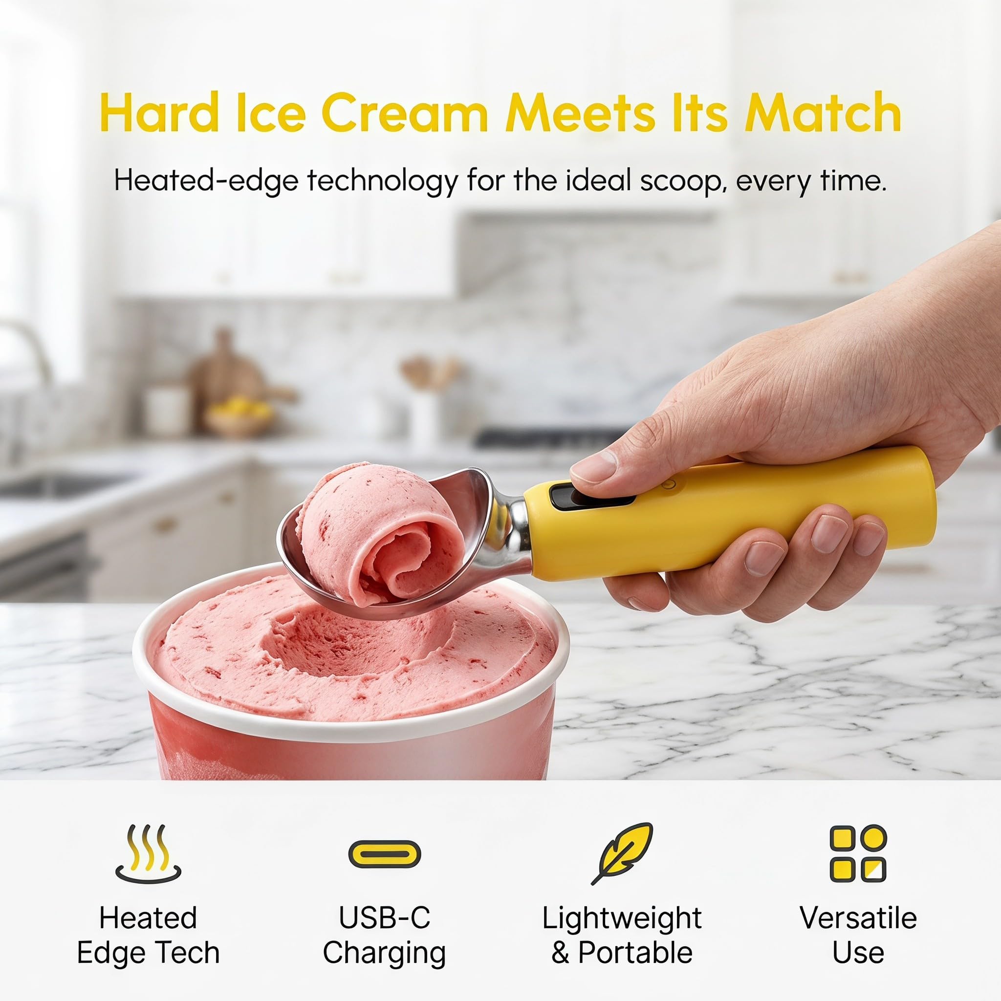 ibasenice Cuillère à glace chauffante rechargeable - Cuillère chauffante électrique à 3 niveaux de température - Chauffe jusqu'à 71 °C (160 °F) pour les glaces et gelatos - Rechargeable