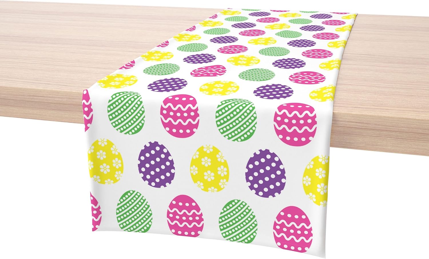 Table Runner, 100% Milliken Polyester, Machine Washable, 14x108, Colorful Fun Easter Eggs
