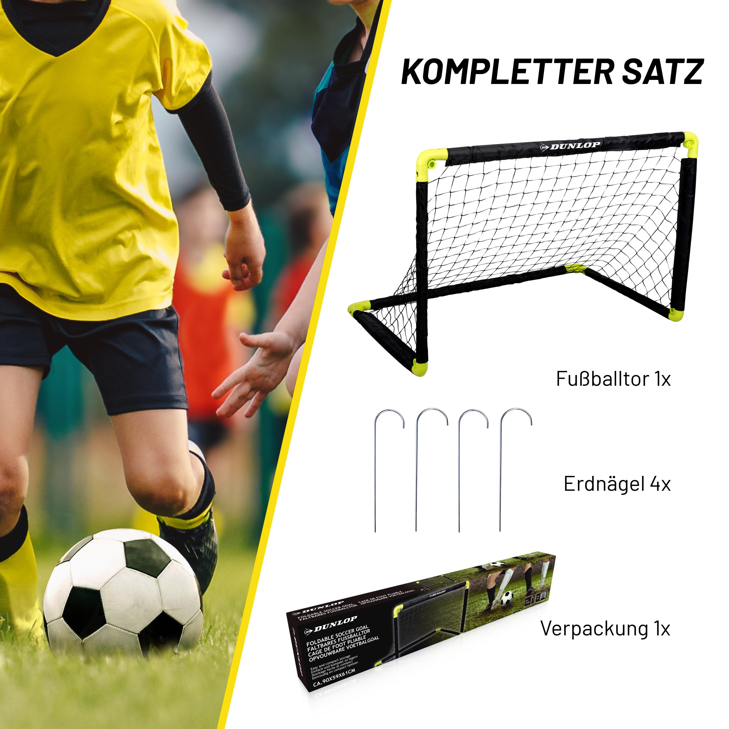 Dunlop Fußballtor - Fussballtor - Faltbares fußball Tor - Fussballtore für Garten Kinder - Fussball Trainingszubehör für Innen und Außen - Schwarz/Gelb
