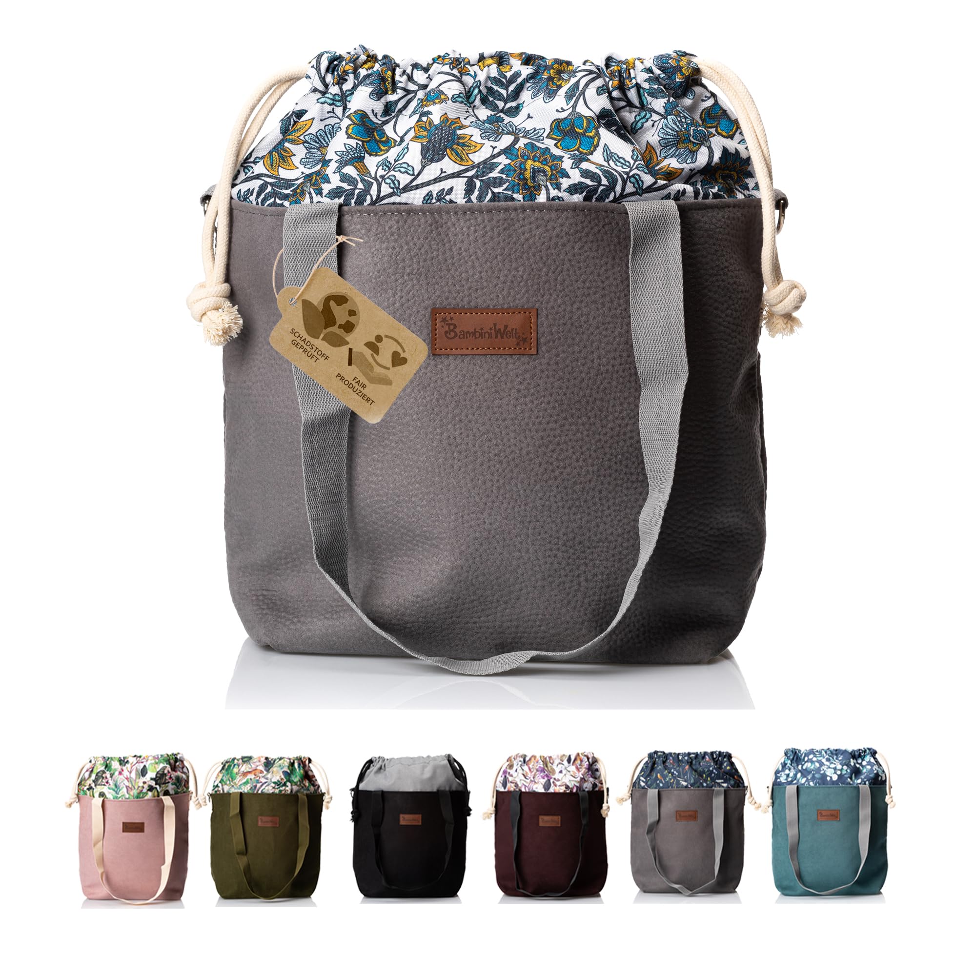 BambiniWelt by Rafael K. Borsa per passeggino, grande borsa fasciatoio con chiusura a cordoncino e tracolla, borsa per passeggino di alta qualità in ecopelle con inserto in tessuto, elegante e pratica