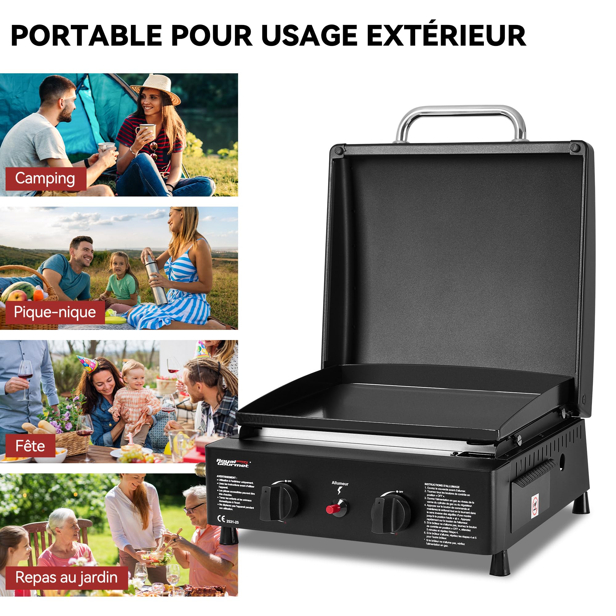 Royal Gourmet Plancha à Gaz Portable avec 2 Brûleurs de 2,5 KW, Plancha Gaz Exterieur avec Plaque de Cuisson Émaillée, Barbecue Gaz avec Pieds Réglables pour Jardin et Camping